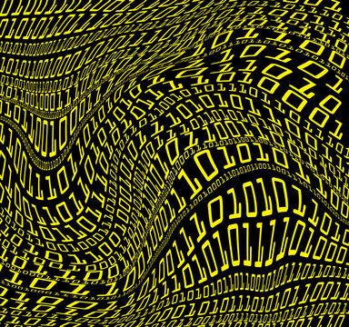 The binary code number on black background and waving randomly direction. Concept of data, digital, code, computer, system and etc.