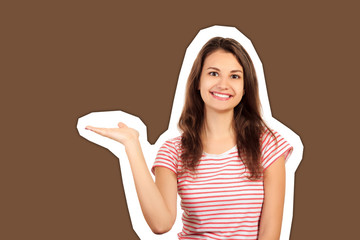 Woman surprise showing product. Presenting your product. emotional girl Magazine collage style with trendy color background
