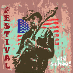 vector image of a poster of the American country festival of rock music with a guitarist playing the guitar on bright textures