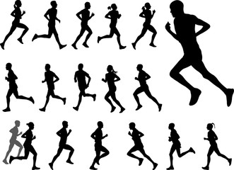 marathon runners silhouettes set
