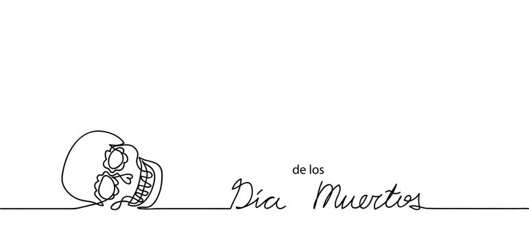 Dia de los muertos (Day of the Dead) vector background, banner. Mexican traditional carnival, holiday background with skull. Dia de los muertos continuous line drawing.