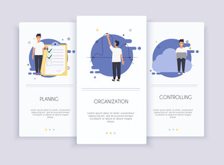 Onboarding screens user interface kit for mobile app templates concept of controlling. Business processes. Concept for web banners, websites, infographics.