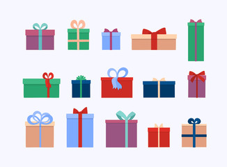 Set of different gift boxes and  presents isolated on white background. Flat vector illustration.