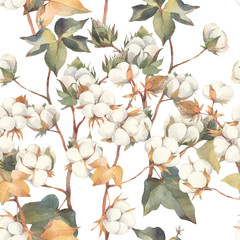 Seamless floral pattern of cotton branches. Hand painted watercolor illustration.