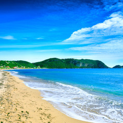 Fototapeta na wymiar Beautiful summertime panoramic seascape. Awesome view picturesque green slopes coastline sea and golden sand beach shore in the crystal clear azure water sea bay.
