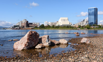 Krasnoyarsk, Yenisei river view of the Museum center And big concert hall
