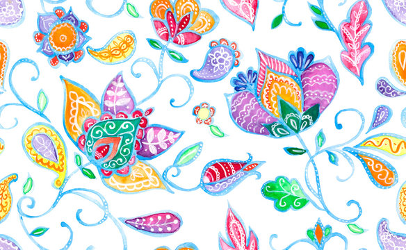 Hand drawn flower seamless pattern (tile). Colorful seamless pattern with rainbow whimsical flowers, paisley, buta. Watercolor seamless pattern for textile. Isolated objects on a white background