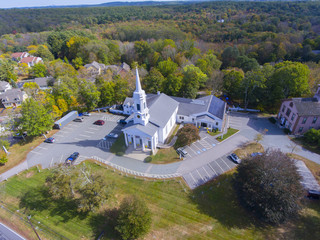 Unitarian Universalist Area Church aerial view on Washington Street in historic town center in...