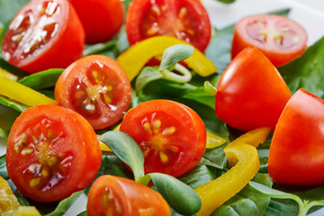 Salad with basil leaves, cherry tomatoes and bell pepper on a white plate. Close-up, selective focus