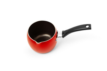 Empty Non-stick red Cooking Pot or Saucepan hat with a long handle