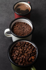 Cup of fresh raw organic coffee with beans and ground powder