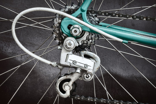 Close up of the derailleur of a vintage seventies racing bicycle