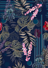 Seamless floral background scarf art abstract design textile. seamless beautiful artistic bright tropical pattern with exotic forest. Colorful Fabric Flower pattern. Beautiful vintage Floral - 293155502