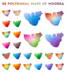 Set of vector polygonal maps of Moorea. Bright gradient map of island in low poly style. Multicolored Moorea map in geometric style for your infographics.