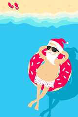 Christmas holiday. Santa Claus relaxing on inflatable donut. Greeting Christmas card 2020