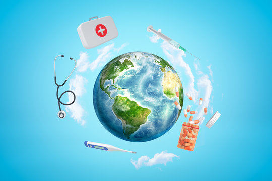 3d rendering of colored earth globe with first aid medical box, pills jar, syringe, stethoscope and digital thermometer on blue sky background