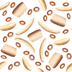 Seamless pattern with bread, bagels, long loaf, on white background.Watercolor vector