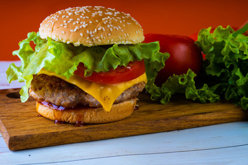 Hamburger or sandwich. Delicious sandwich hamburger with meat, cheese and fresh vegetable. Hamburger or sandwich is the popular fast food for brunch or lunch. Juicy cheeseburger
