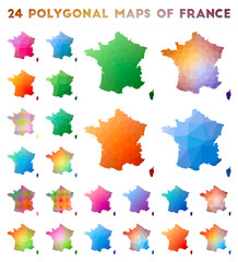 Set of vector polygonal maps of France. Bright gradient map of country in low poly style. Multicolored France map in geometric style for your infographics.