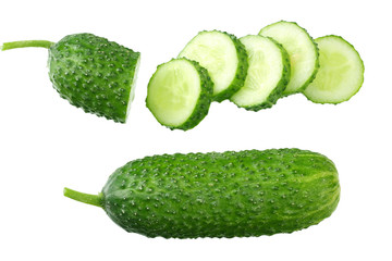 fresh cucumber slices isolated on white background. top view