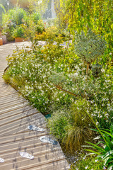 beautiful terrace and wooden driveway in the blooming garden