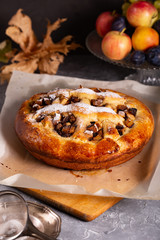 Fresh sweet fruit cake sprinkled with powdered sugar and cinnamon