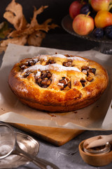 Fresh sweet fruit cake sprinkled with powdered sugar and cinnamon