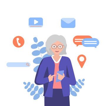 Middle age woman using smartphone in good level. Active social network user in senior citizen, elderly age. Vector concepts illustration.