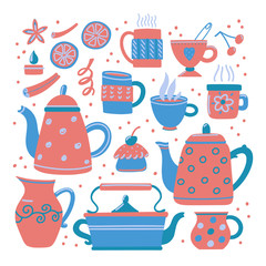 Set of cute funny teapots and various tea cups with muffin, lemon slices and cinnamon sticks, vector illustration isolated on white background. Big collection of tea pots and cups, print design
