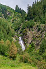 Waterfall in the rocky mountains covered with tall fir trees