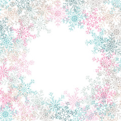 Circle frame of different coloured snowflakes isolated on white background