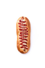 bread with sausage and tomato sauce on isolated white background