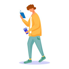 Man with book, coffee flat vector illustration. Guy reading on the go interesting novel. Student walking, learning textbook, holding plastic glass isolated cartoon character on white background