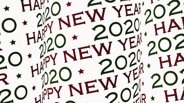 Happy new year 2020 video, moving pattern words like pattern at white background as intro or background. Looping video for celebration 