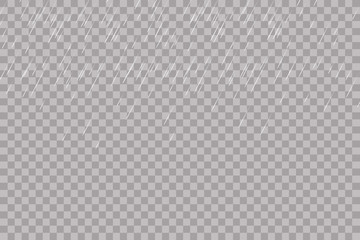 Rain transparent template background. Falling water drops texture. Nature rainfall on checkered background.