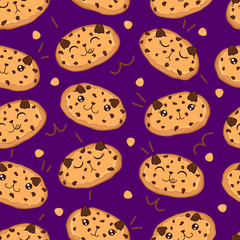 kawaii sweet cookies cats seamless pattern, cute cartoon funny characters on dark purple background, editable vector illustration