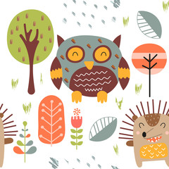 Childish seamless pattern with cute owl and hedgehog in forest. Scandinavian style. Vector Illustration. Kids illustration for nursery design. Great for baby clothes, greeting card, wrapping paper.