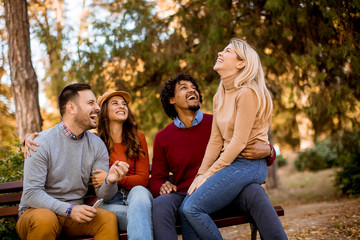 Fototapeta premium Group of young multiethnic friends having fun at park