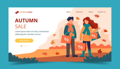 Man and woman with sales bags in autumn. Landing page template. Cute vector illustration in flat style.