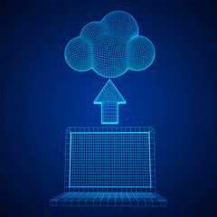 Concept of cloud computing service with laptop technology. Wireframe low poly mesh vector illustration