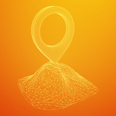 Geo map pin on mountain peak top. Place symbol GPS pictogram. Wireframe low poly mesh vector illustration