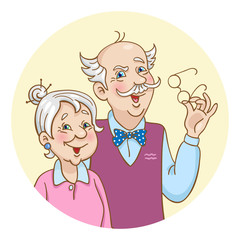 Portrait of a cheerful elderly couple. The composition in the circle. In cartoon style. Avatar icon. Separate on a white background. 