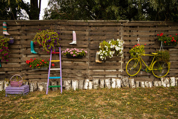 Fototapeta premium garden exterior wooden wall background decoration of colorful boots ladder cycle and flowers vases 