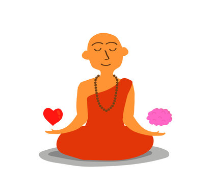 Buddhist monk balances between heart and brain. Vector illustration. 