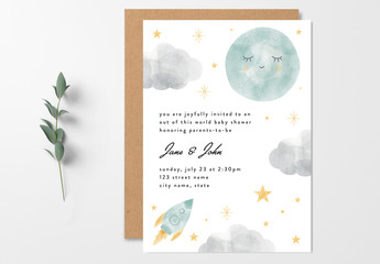 Baby Shower Invitation Layout with Moon and Rocket Ship Illustrations