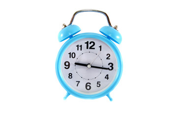 blue alarm clock isolated on a white background.