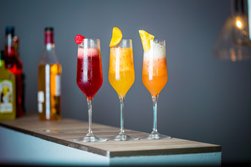 Colorful Summer Cocktails with Prosecco, Three Kind of Fruit Cocktails - Raspberry, Peach and Pineapple, Horizontal Wallpaper