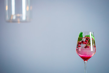 Pomegranate Cocktail Decorated with Mint Leaves and Ice, Cold Drink, Horizontal Wallpaper, Free Space for Text