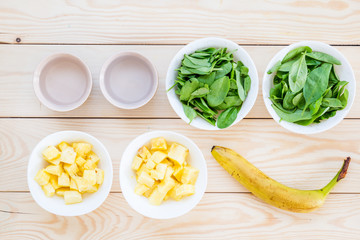 Ingredients for Smoothie (Spinach Leaves, Water, Pineapple, Banana)