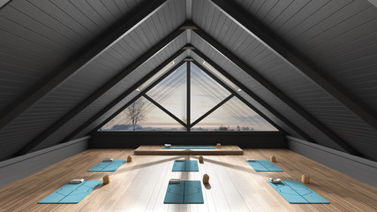 Fototapeta premium Empty yoga studio interior design architecture, minimal open space, spatial organization with mats and accessories, ready for yoga practice, panoramic window with winter panorama